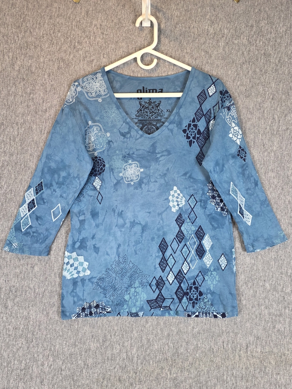 Y2K Glima Blue Patterned V-Neck T-Shirt Top Women's XL